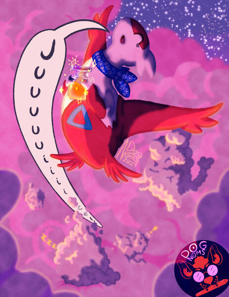 Fluffy pink clouds fill the page, behind them a starry sky is visible in the top right corner. A Latias with a kingdom hearts themed bow around the neck can be seen flying up through the clouds towards the viewer, a jar held in front of them glistening in