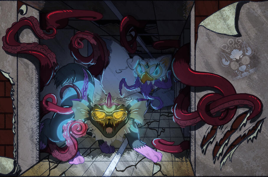 Digital illustration of a dark and run down hallway with cracked floors, water stained and broken ceiling tiles, and peeling or torn wallpaper that reveals the red brick behind. Multiple reddish tendrils and tentacles are reaching out from the hallway towa