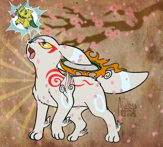 Digital drawing of some Pokemon & Okami crossover art. In the center of a browned canvas with cherry blossom detailing stands a white Umbreon with Amaterasu's red swirled markings on its side and across its yellow eye. Beneath the white fur blue circle mar