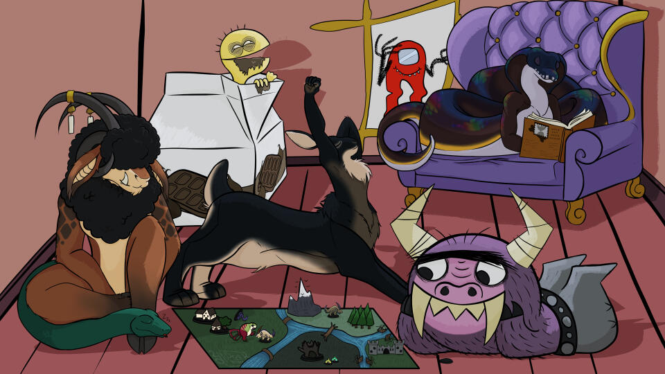 Multiple characters sharing space in a warmly lit room. Cheese from Foster's is in the background popping out of a giant box of chocolate milk, Eduardo also from Foster's is laying on the floor in the foreground watching a tiny oc of mine named Jannexi int