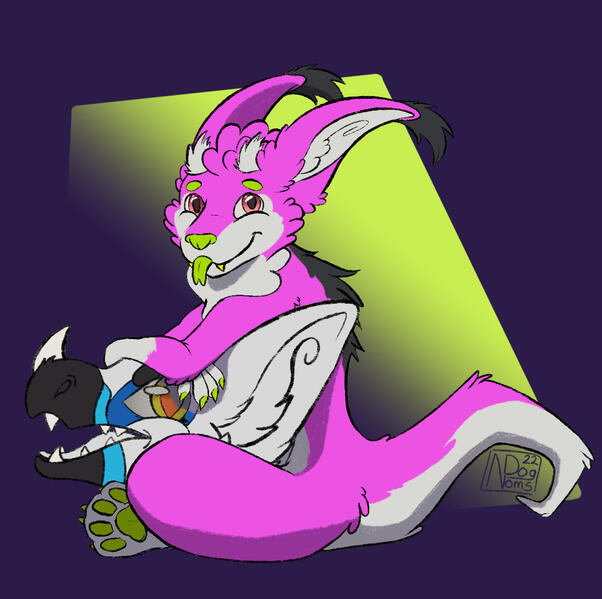 Purple background with a faded swipe of bright green in the center. A furry character sits looking at the viewer with their tongue poking out. Their fur is pink and white with black tufts on the ears, their tongue, nose, and pads are bright green, and thei