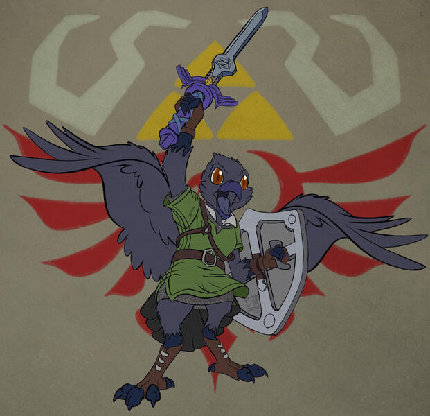 Digitally drawn image of a crow dressed as Link from Legend of Zelda, posed just like the promotional art from Skyward Sword