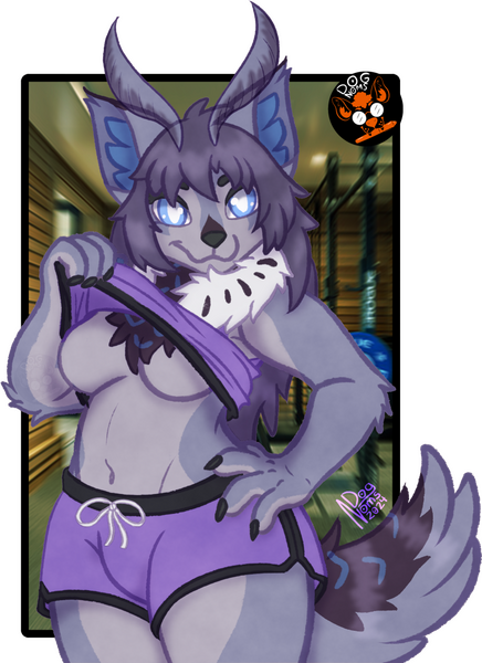A wolf moth hybrid lady is standing front and center with a home gym in the background. Her fur, hair, and antenna are varying shades of purple. The darker areas have soem blue ticking while the wite neck ruff has some dark ticks. She is wearing purple sho