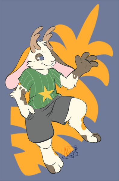 Digitally drawn image of a floating/waving white jackalope with calico like markings. They are wearing a green striped shirt with a yellow star on the front and grey shorts. The background is a bluish purple with an orange carrot shape directly behind the