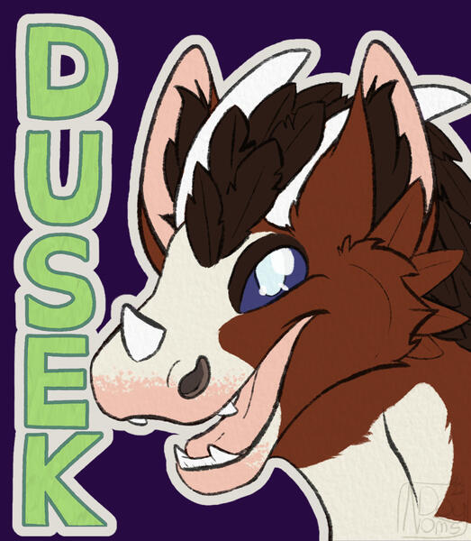 Digital flat colored head shot badge of a Dutch Angel Dragon named Dusek. The character is brown with a while chest and face. The nose fades to soft pink skin. The mouth is open in a big smile. There is a crest of feathers atop the head going down the neck