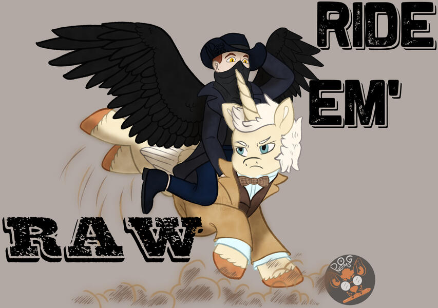 The Demon Crowley (from Good Omens) is dressed like a cowboy, with black hat, duster coat, bandana over his face. He is riding an Alicornsona version of Aziraphale (also from Good Omens). The pony is wearing his signature suit, bowtie, and pale blue shir