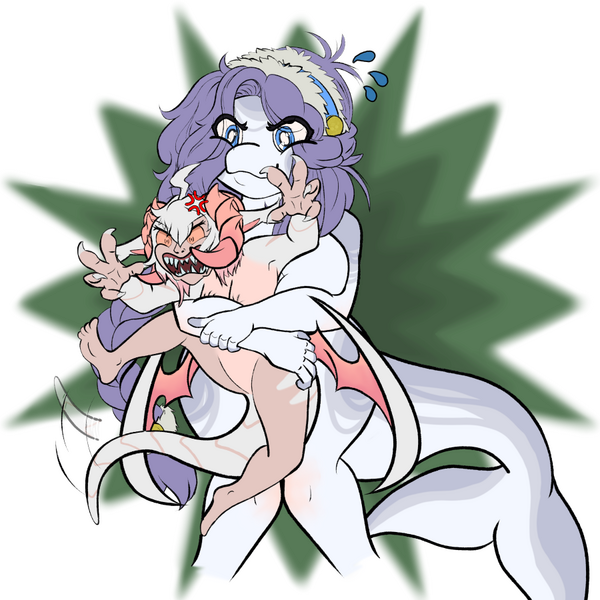 A white and grey anthropomorphic beluga is holding back a comparatively smaller white tan and pink humanoid dragoness, arms and legs all out and grasping. They are exclaiming in an extremely angry fashion at something or someone off screen. The beluga has