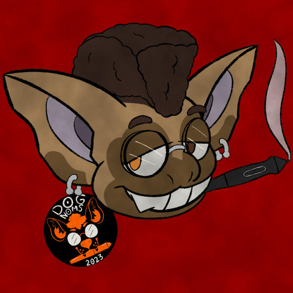 Image is of a brown goblin with large pointed ears and silver earrings. They are wearing glasses and one eye is orange while the other is a darker brown. The "yeenblin/hyena goblin" is sporting a large frohawk and big toothy smile. A tablet pen is help in