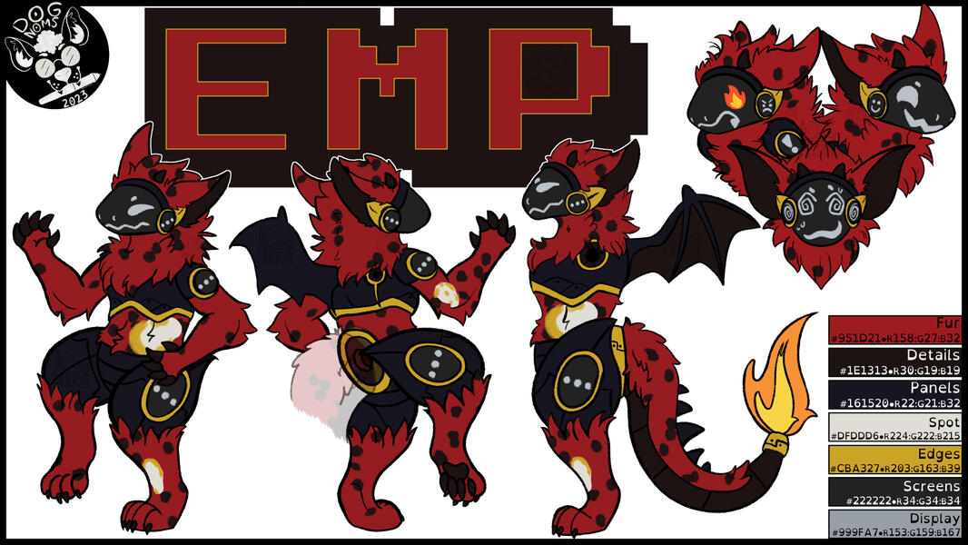 EMP Ref sheet White page with a black border and the DogNoms 2023 stamp in the top left corner. In very large red letters is the name EMP that is outlined in black. EMP is a red protogen with some black spots as well as a few that are whire and gold. Their panels are bl