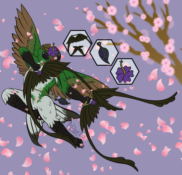 There is a anthro hummingbird leaping through some pink petals on a purplish background. Her feathers are green and while with brown accents. Her arms and legs are black. Dark streamer tailed fans hide her bright red beak.