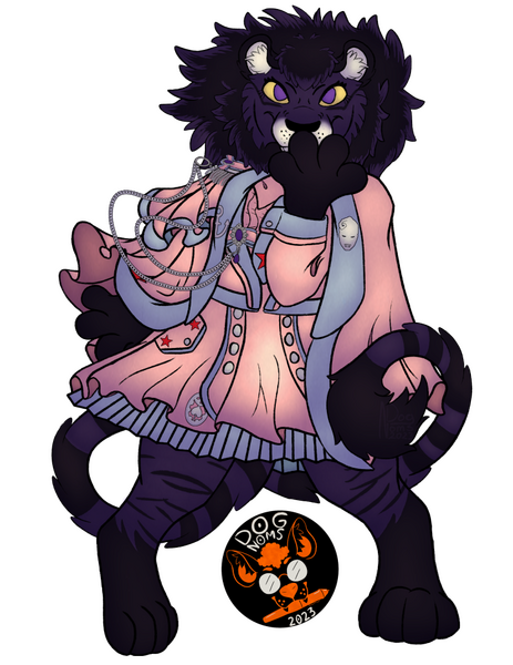 A purple tigon is standing and facing the viewer. Standing in a wide almost pigeon toed stance with their left paw in front of their face and right paw swinging back behind. Yellow sclera and purple irises stare at the viewer from behind the uplifted paw.