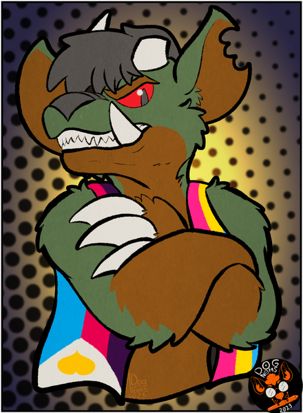 A bust of a large green and brown demon is drawn atop a faded dotted blue and yellow background. His arms are crossed and you can see his huge claws resting on one arm. His head is turned and slightly raised away and he is baring his teeth while looking do