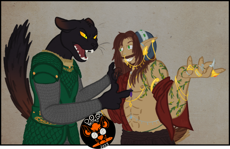 Polite conversation D&D piece showing a black tabaxi gunslinger in green scaled armor and chainmail named Re'Ming Ton and a satyr bard wearing a loose red shirt, dark pants, and many shony adornments named Olivero having a... polite conversation.