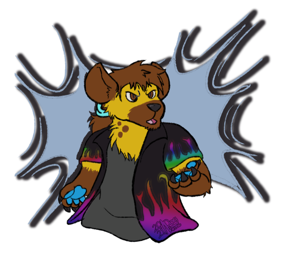A drawing of an orange and brown spotted hyena wearing a black shirt that has rainbow flame detailing on the edges. It is open at the front to reveal a dark gray under shirt. Their expression shows frustration and confusion as they hold up one of their han