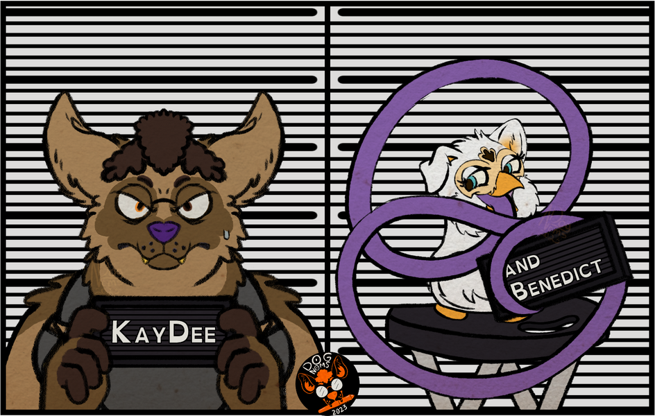 A chonky brown Aardwolf sporting a 'frohawk' is seen on the left holding a black nameplate that reads "KayDee", their expression is one of exasperation/annoyance. On the right a stool is visible with a white furby perched on top. His back is turned and he