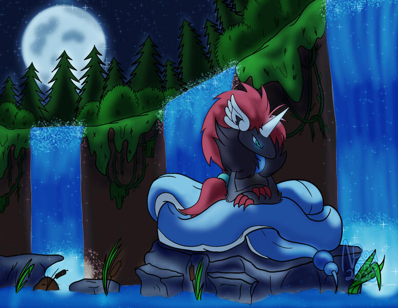 A Pokémon fusion of a Zoroark and Dragonair sits coiled atop a rocky outcropping in a lake. Towering behind them is a tall grassy cliff sporting 3 sparkling waterfalls. Dense bush and forest can be seen atop the cliff with a large full moon and many twinkl