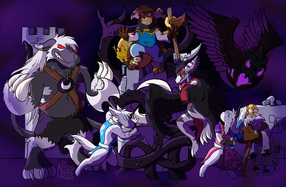 Sdamned & Armello Xover A large group battle featuring (from left to right) Large Bear, Rabbit angel with a battle axe, Rhea standing atop some ruins, bat demon, Snowy welding a sword, and Buwaro (propped up but unconscious) raizap.com