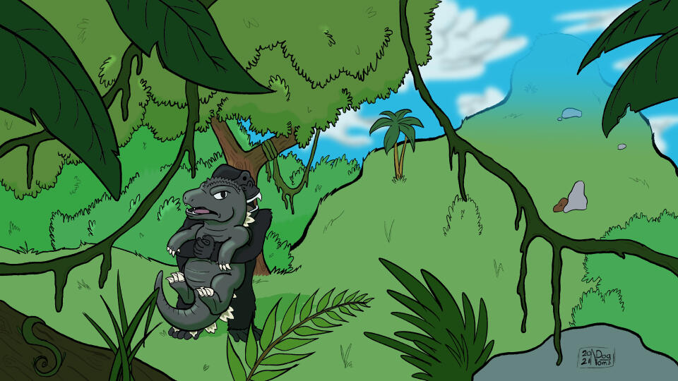 Bright day scene, viewer is looking through some undergrowth. King Kong is standing just left of center holding Godzilla off the ground by the armpits. Kong seems to be looking over his shoulder at a cliff specialguest.bsky.social