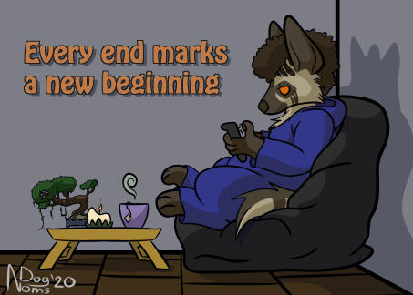 NewYears An aardwolf is sitting on a black beanbag in a grey room with brown tiled flooring. They are wearing a blue onesie and playing a Nintendo Switch. In front of them is a small table that holds a pinkish purple cup of tea, a white candle, and a tiny bonsai st