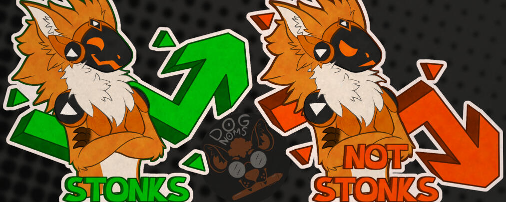 Stonks Digital drawing of an orange and white protogen with his arms crossed. On the left he is smiling with green up arrows behind him. On the right he is very unhappy with red down arrows behind him. The words Stonks and Not Stonks are in the foreground of each