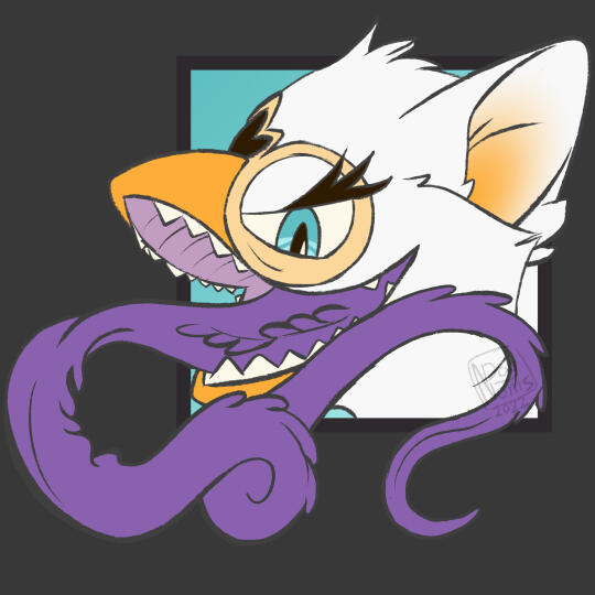 Bennedict 4th wall headshot Furby inspired original character with white fur, blue eyes, an orange beak, looks down at you while the really long purple tongue coils about in the foreground. Character is named Benedict, belongs to KayDee, drawn by DogNoms