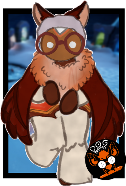 My sky kid Digital sketchy drawing of a chibi humanoid wearing a white fluffy outfit and draped by a brown winged cape. Their little brown cat ears are perked up. The background is an in game shot of Home
