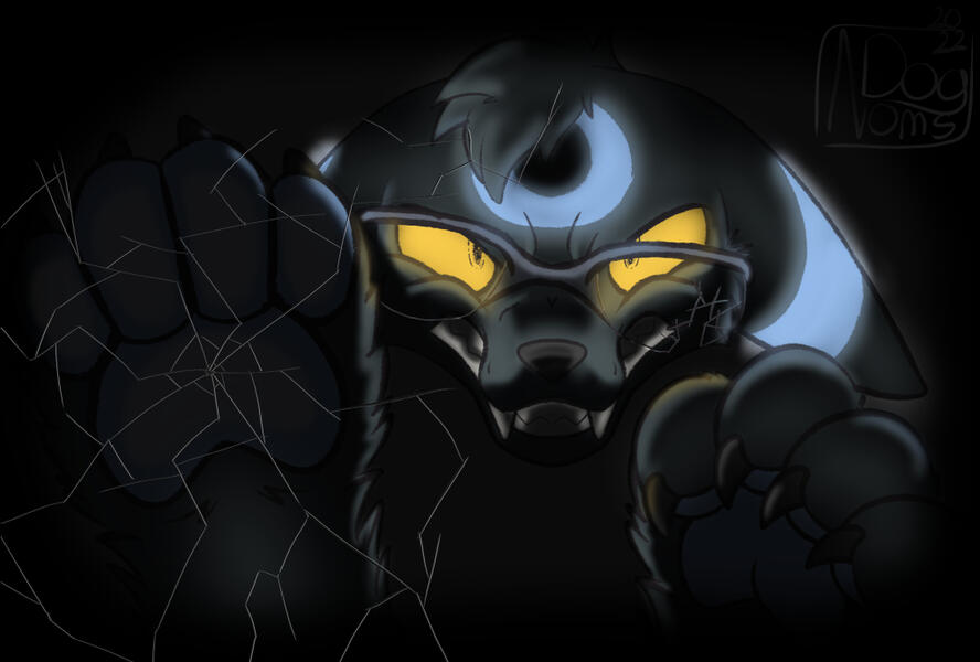 Image has an overlay implying it is very dark. A Shiny Umbreon is glaring at you from the darkness. The eyes and markings of the Pokemon are glowing softly, illuminating the face and paws. One paw is held back and curled somewhat while the other is pressed