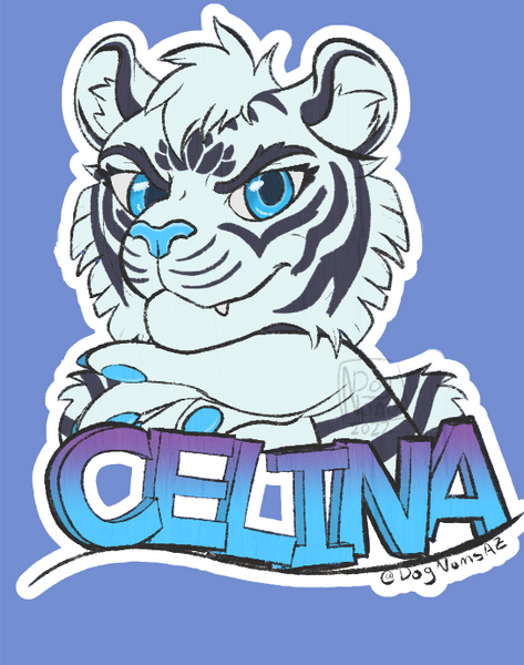 Celina the tigress badge Digital head shot drawing of a tigress that is a very soft light blue with darker blue striping. She has a lotus marking on her forehead between her bright blue eyes. A blue nose, paw pads, and claws are also seen. She is resting her chin on her left hand