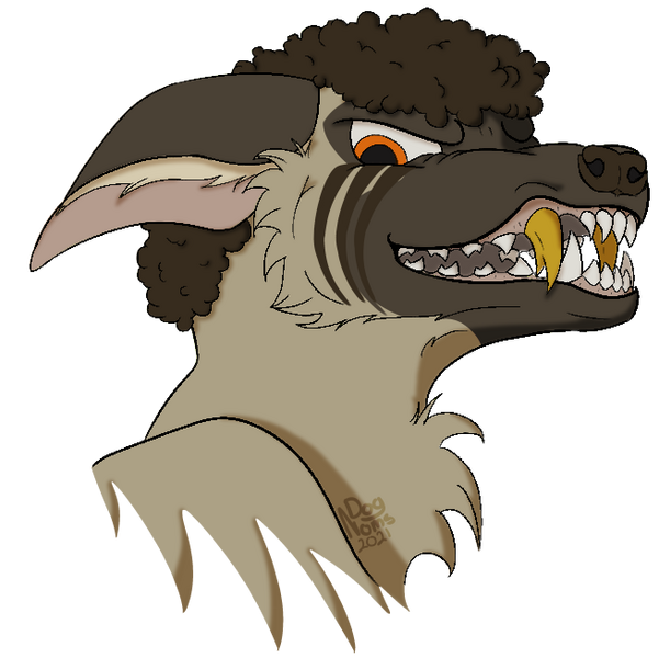 A profile headshot of a tan and brown ardwolf menacing with bared fangs. Their canine teeth are golden.