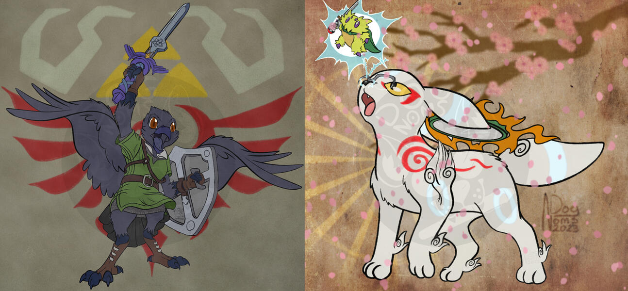Combo image. On the left: Digitally drawn image of a crow dressed as Link from Legend of Zelda, posed just like the promotional art from Skyward Sword. On the right: Digital drawing of some Pokemon & Okami crossover art. In the center of a browned canvas w